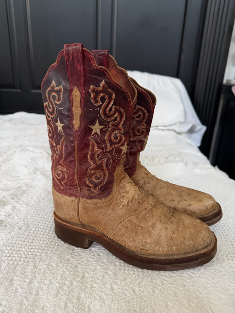 Lucchese Two-Tone Ostrich Western Ankle Boots in Tan and Burgundy